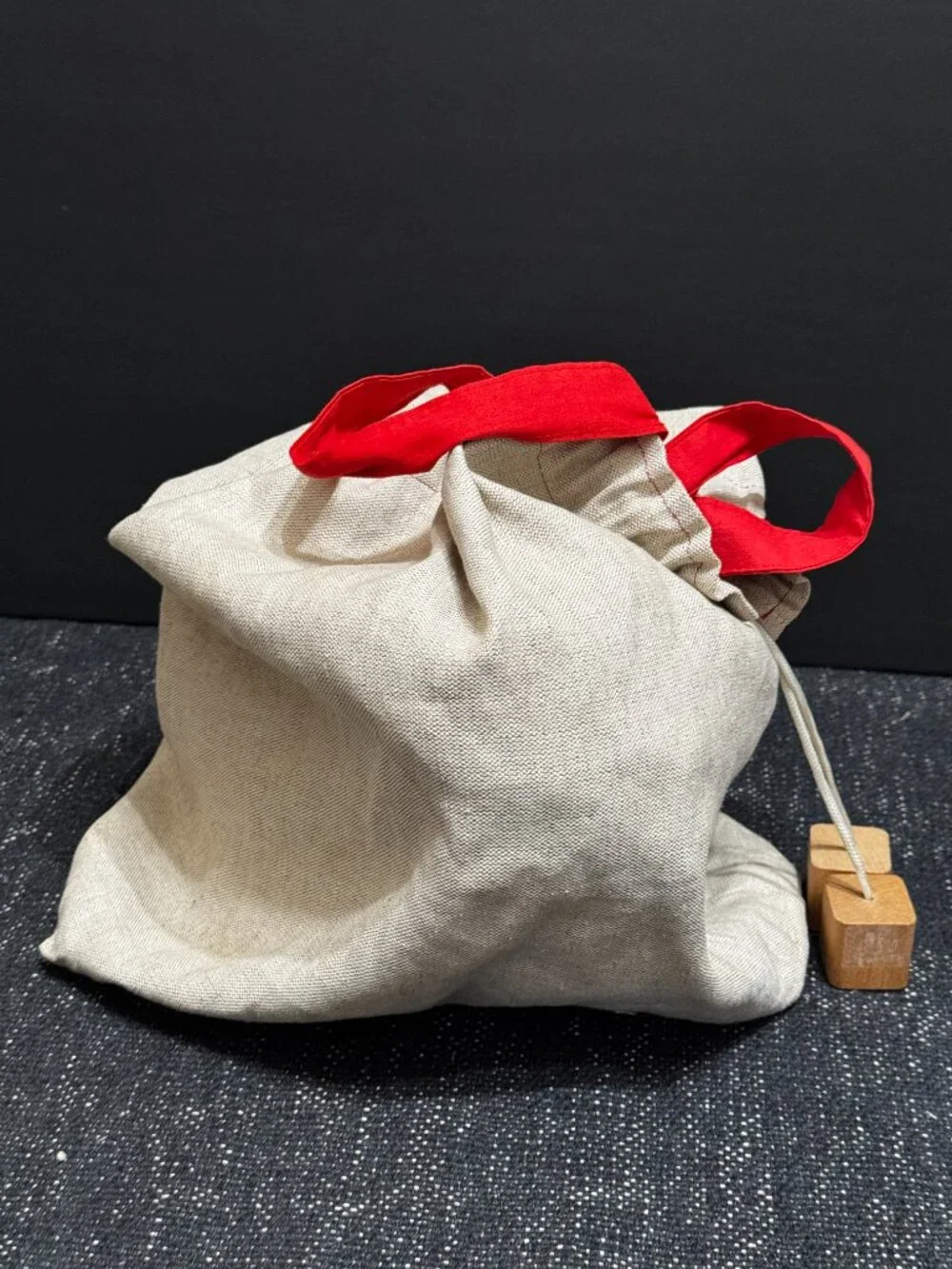 Double Handle Pouch Bag with Wood Block Aglet Drawcord, Natural Canvas